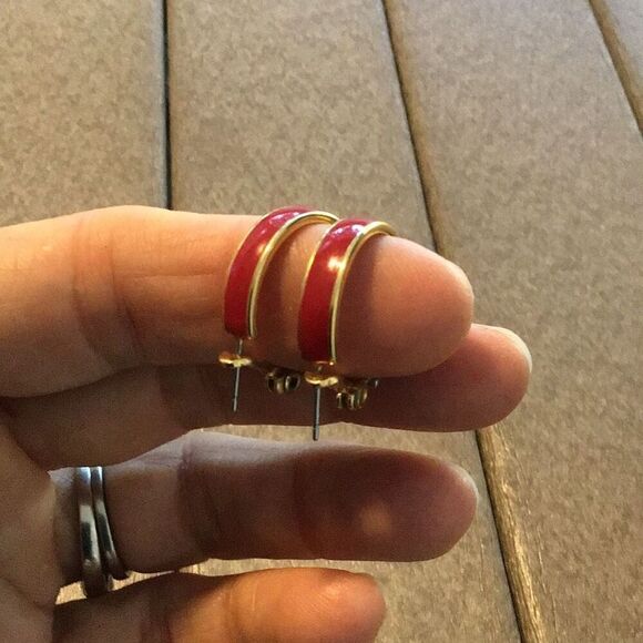 Earrings, Vintage Red and Gold Hoop Earrings, Monet - Picture 2 of 4